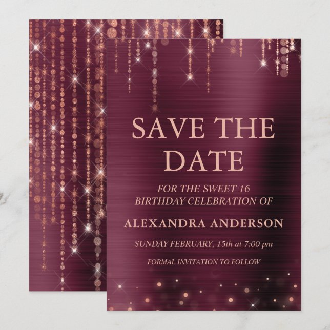 Burgund und Rose Gold Sweet 16 Save the Date Einladung (Vorne/Hinten)