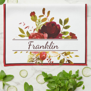 Burgund und rote Aquarellfarben Rose personalisier Geschirrtuch
