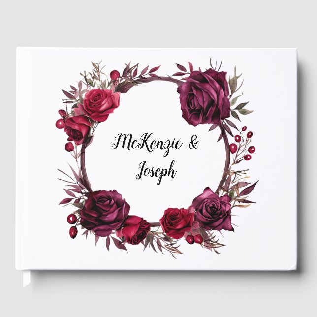 Burgund und Rote Rosen Branch Wreath Wedding Gästebuch (Vorderseite)
