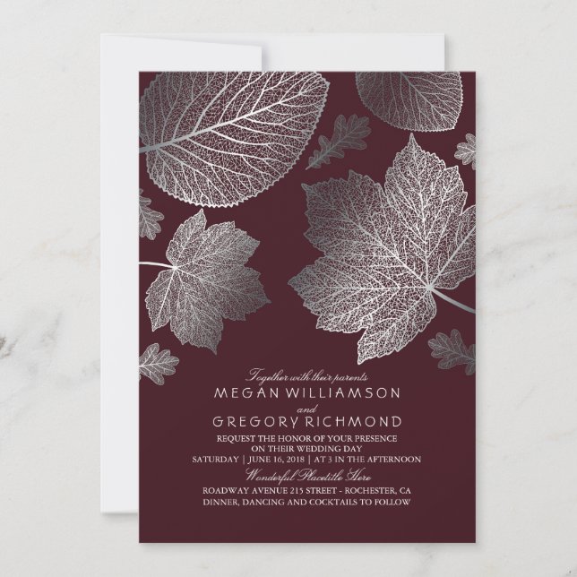 Burgund und Silber Blätter Vintage Hochzeit im Her Einladung (Vorderseite)