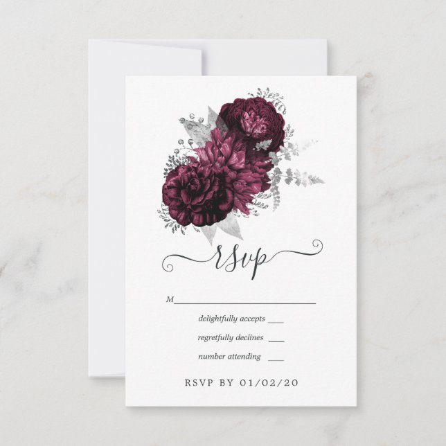 Burgund und Silberblume RSVP Karte (Vorderseite)