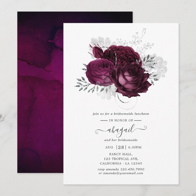 Burgund und Silver Floral Bridesmaids Luncheon Einladung (Vorne/Hinten)