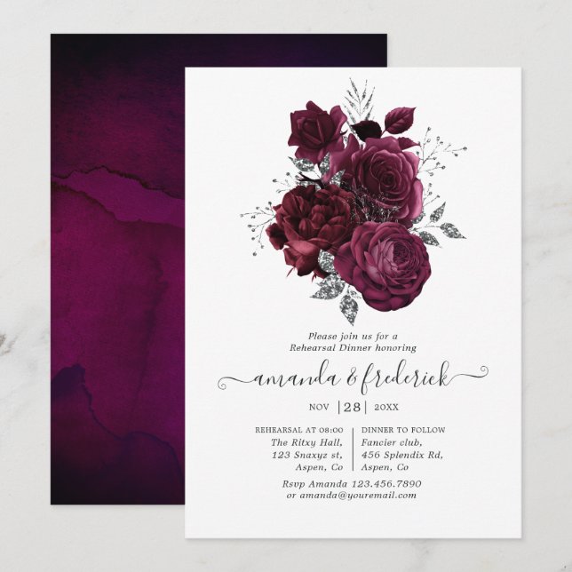 Burgund und Silver Floral Probe Dinner Einladung (Vorne/Hinten)
