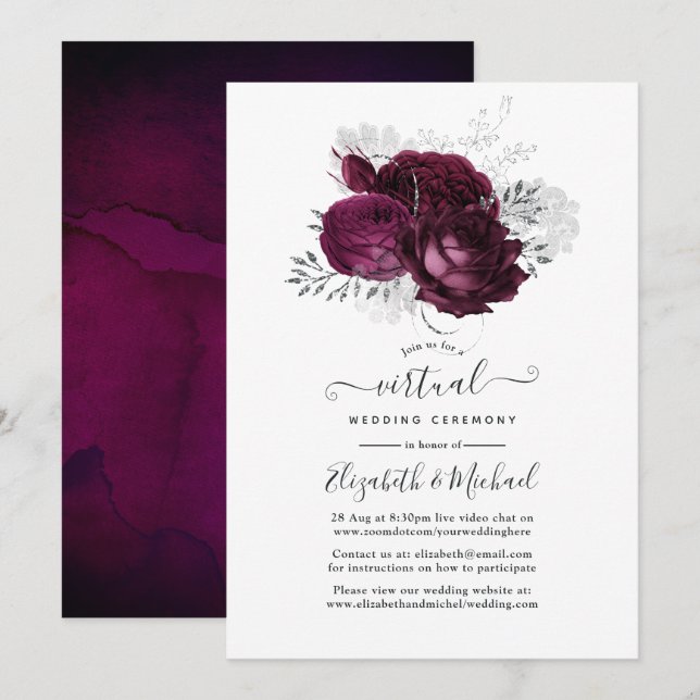 Burgund und Silver Floral Virtual Wedding Einladung (Vorne/Hinten)