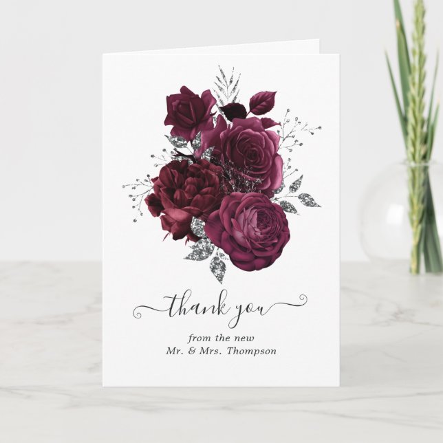 Burgund und Silver Floral Wedding Foto Dankeskarte (Vorderseite)