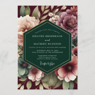 Burgund- und Smaragd-Moody-Floral-Hochzeit Einladung