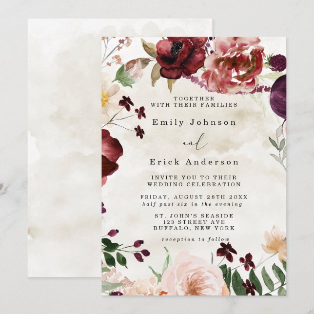 Burgund und Tan Rustikale Wildblumen Hochzeit Einladung (Vorne/Hinten)