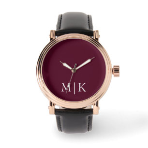 Burgund und Weiß Modernes Monogramm Armbanduhr