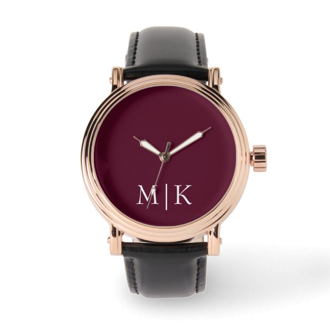 Burgund und Weiß | Modernes Monogramm Armbanduhr (Vorderseite)