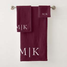 Burgund und Weiß | Modernes Monogramm Badhandtuch Set
