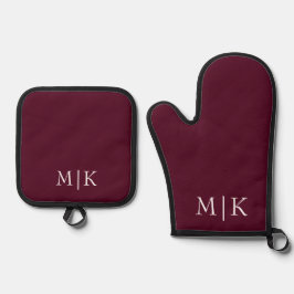 Burgund und Weiß | Modernes Monogramm Ofenhandschuh & Topflappen-Set