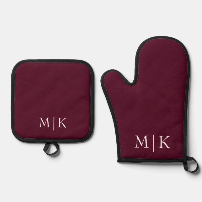 Burgund und Weiß | Modernes Monogramm Ofenhandschuh & Topflappen-Set (Vorderseite)