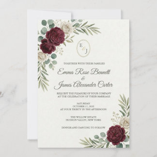 Burgund- und weiße Rosen Hochzeitsmonogramm Einladung