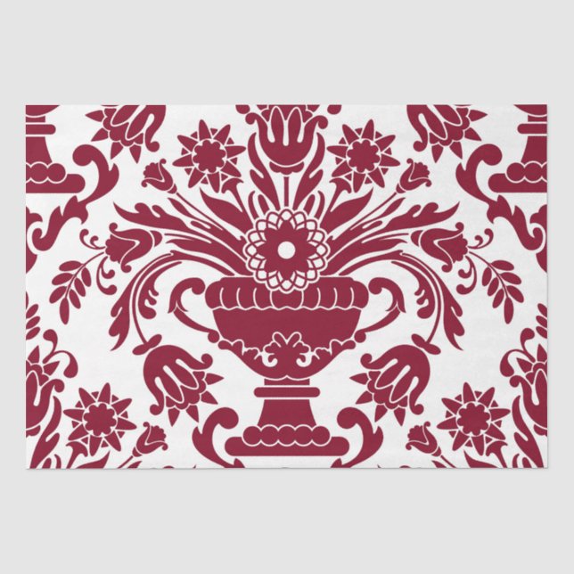 Burgund und weißer Damast Blumengestein Elegantes  Seidenpapier (Vorderseite)