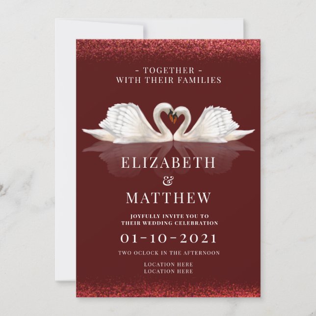 Burgund und Weißes Thema mit Swans Wedding Invit Einladung (Vorderseite)