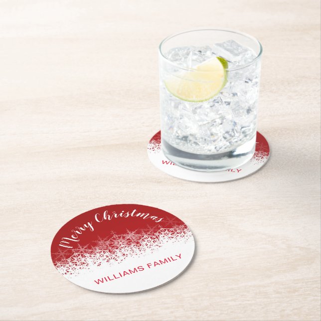 Burgund Vintage Schneeflocken fröhliche Weihnachte Runder Pappuntersetzer (Vor Ort)