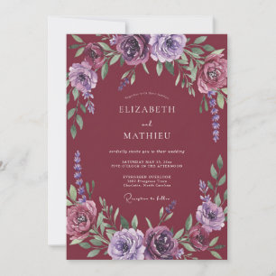 Burgund Violette Botanische Aquarell-Hochzeit Einladung