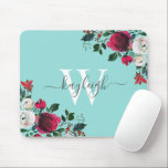 Burgund Wasserfarbe Blumenfloral Türkis Mit Monogr Mousepad<br><div class="desc">Botanische Rose aus botanischer Tornflora in Burgund auf türkis personalisierten mit Monogramm Mouse Pad. Burgund, Marsala, Rose mit weißer Wasserfarbe, botanisches Blumendesign mit dunkelgrünen Blätter und Beeren auf hellblau, aqua oder türkisfarbenem Hintergrund. Freuen Sie sich auf ein elegantes Wirbles handgeschriebenes Typografie-Design mit Ihrem Namen, Monogramm und hübschen bordeauxfarbenen, weißen Rose....</div>