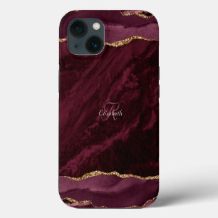 Burgund Wasserfarbe Gold Monogramm iPhone Hülle