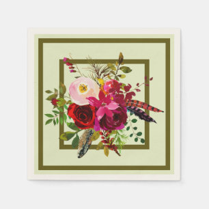 Burgund Wasserfarben-Blume und Federn Serviette