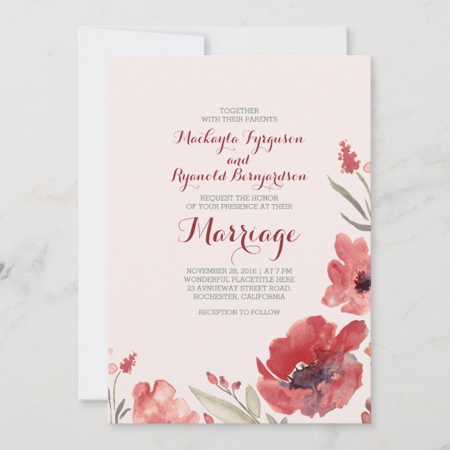 Burgund Watercolor Florals Niedlich Wedites Einladung (Vorderseite)