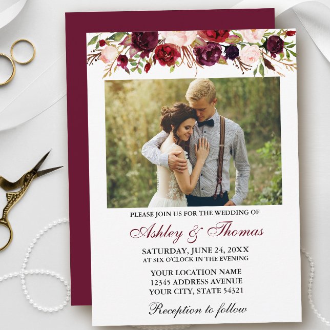 Burgund Watercolor Foto Hochzeit Einladung (Customize to change text color, size, style or to change color of back of card.)