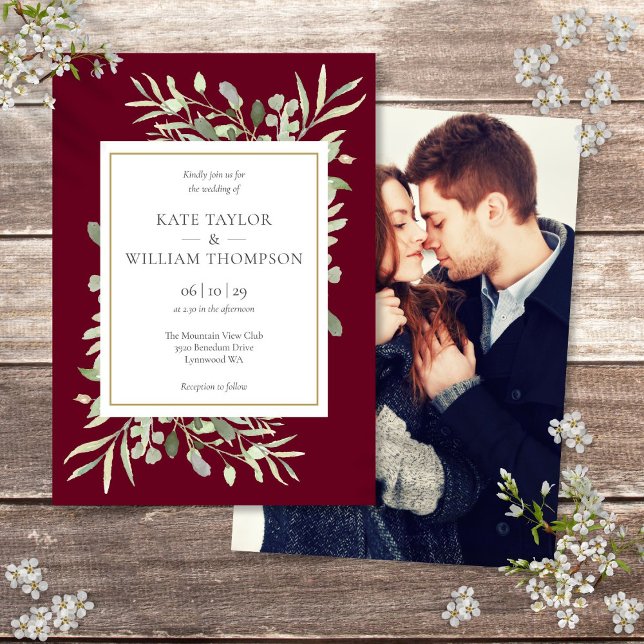 Burgund Watercolor Greenerity Foto Wedding Einladung (Burgundy Watercolor Greenery Photo Wedding Invitation)
