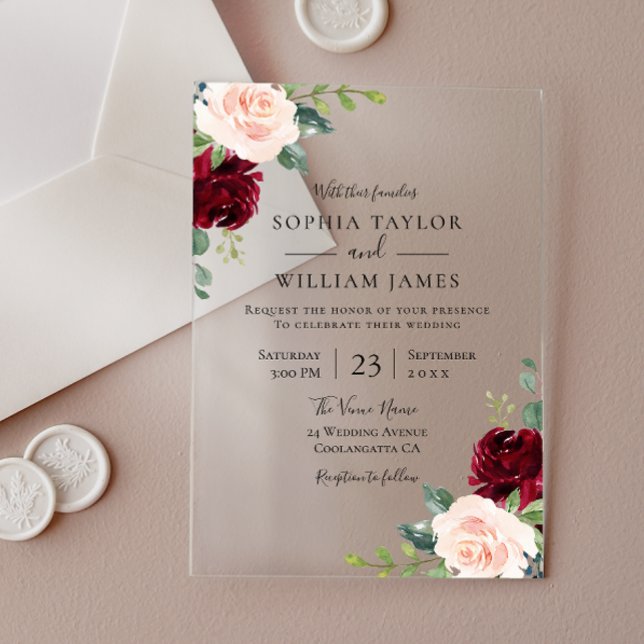Burgund Wein & Blush Blumenzehen Acryleinladungen (Von Creator hochgeladen)