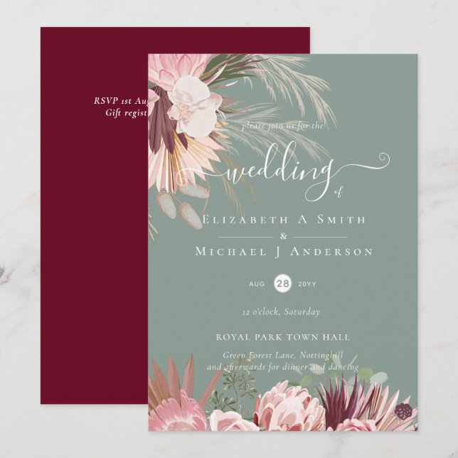 Burgund Wein Pampas Tropische Hochzeit (Vorne/Hinten)
