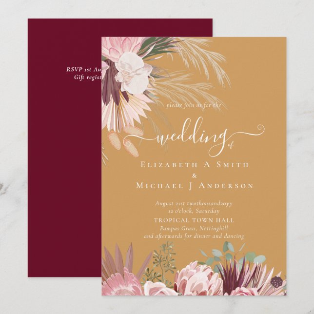 Burgund Wein Pampas Tropische Hochzeit (Vorne/Hinten)