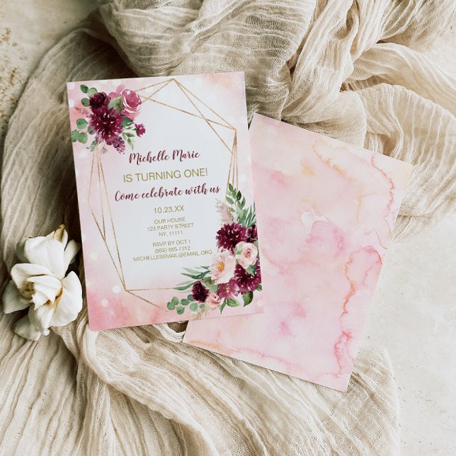 Burgund Wein Rosa und Gold Blüten Erster Geburtsta Einladung (Von Creator hochgeladen)