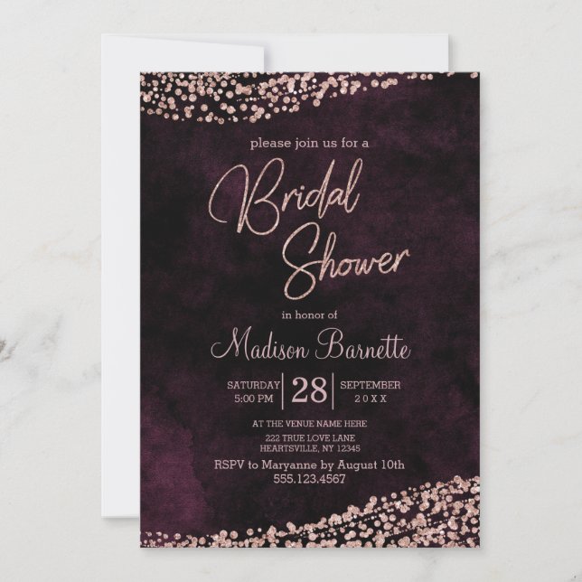 Burgund Wein Rose Gold Bridal Dusche Einladung (Vorderseite)