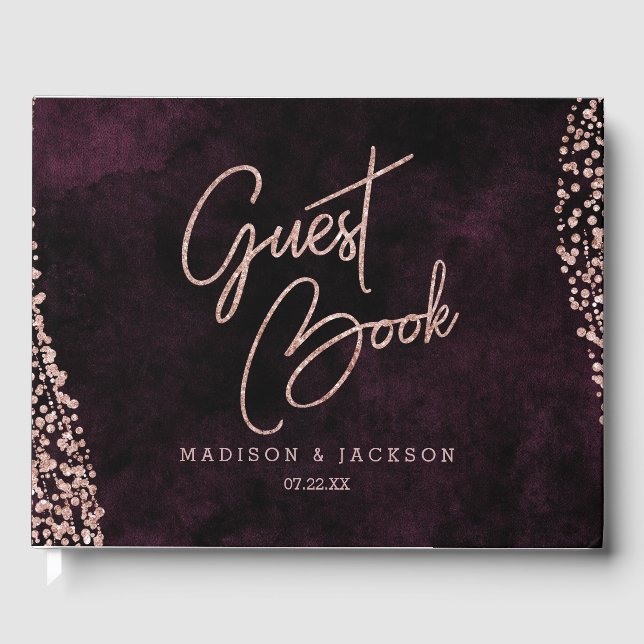 Burgund Wein & Rose Gold Glam Wedding Monogram Gästebuch (Vorderseite)