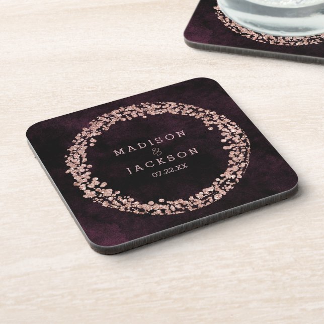 Burgund Wein & Rose Gold Wedding Monogram Untersetzer (Linke Seite)