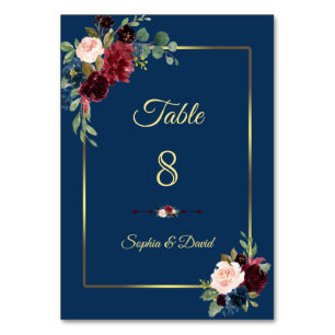 Burgund Weinblau Floral Goldene Hochzeit Tischnummer