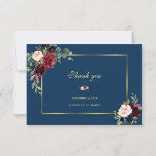 Burgund Weinblau Floral Goldrahmen Hochzeit Dankeskarte