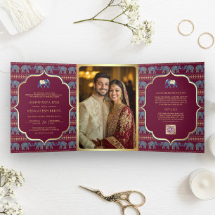 Burgund Weinblau Gold Elefant Indische Hochzeit Dreifach Gefaltete Einladung