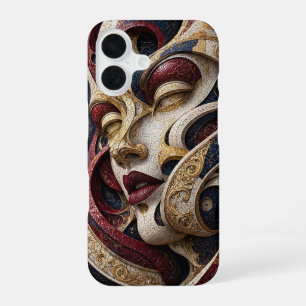 Burgund Weinrot Elfenbein Gold Mosaik Gesicht iPhone 16 Hülle