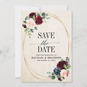 Burgund Weinrot Floral Rustikal Boho Landhochzeit Save The Date