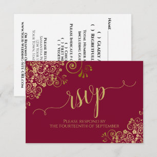 Burgund Weinrot & Goldspitze Kalligrafie Hochzeit RSVP Karte