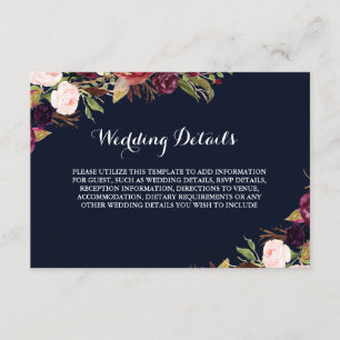 Burgund Weinrote Blumen Hochzeitsempfang Details Begleitkarte