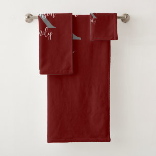 Burgund-Weiß-Graue Familienname-Monogramm Badhandtuch Set