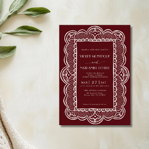 Burgund & Weiß Spitze Alt Geld Rustikale Hochzeit Einladung