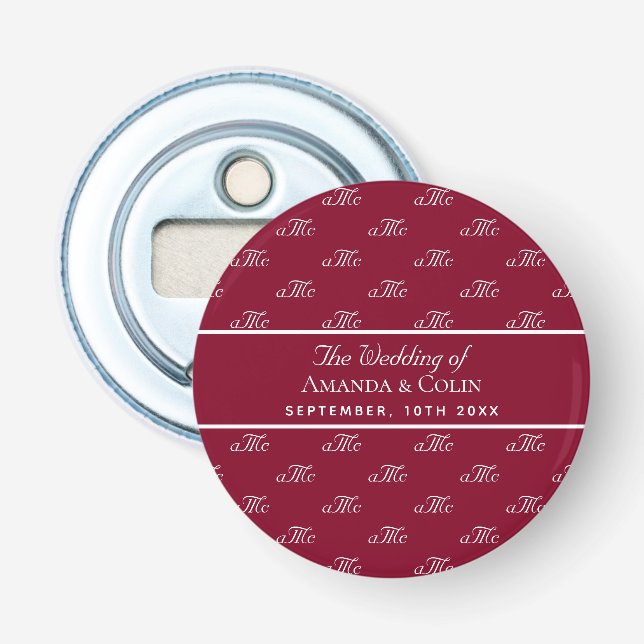Burgund weiße Monogramm Paar Initialen Hochzeit Flaschenöffner (Vorderseite)
