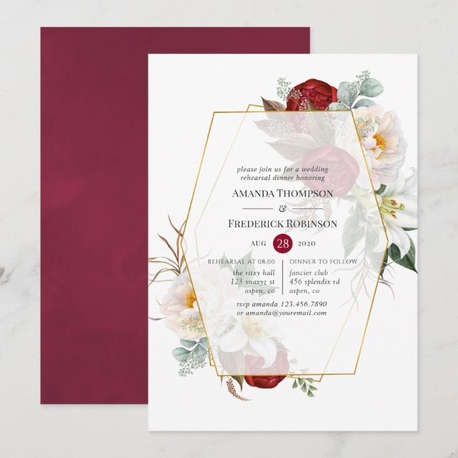 Burgund & White Floral Geometric Probe Dinner Einladung (Vorne/Hinten)