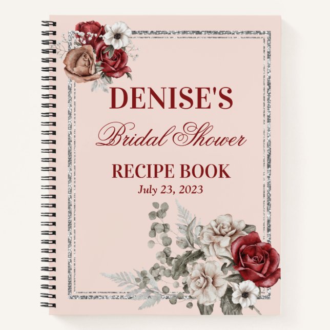 Burgund & White Roses Brautparty Rezept Notizbuch (Vorderseite)