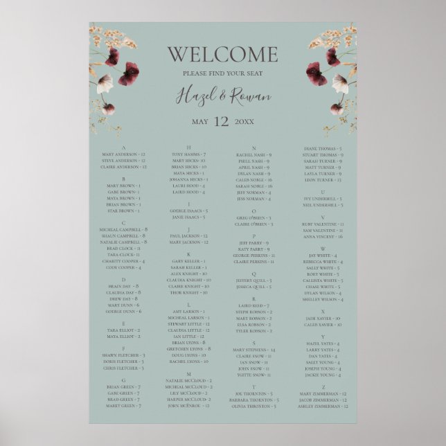 Burgund-Wildblume | Aquamarine Sitzkarte Poster (Vorne)
