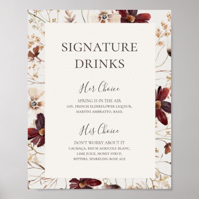 Burgund-Wildblume | Beige Unterschrift Drinks Unte Poster (Vorne)