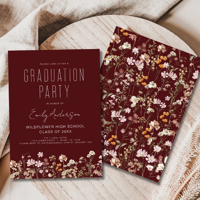 Burgund Wildblume Bloom Graduation Party Boho Einladung (Von Creator hochgeladen)