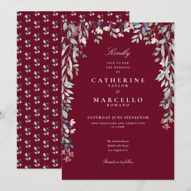 Burgund Wildblumen Blumengrün Hochzeit Einladung (Vorne/Hinten)